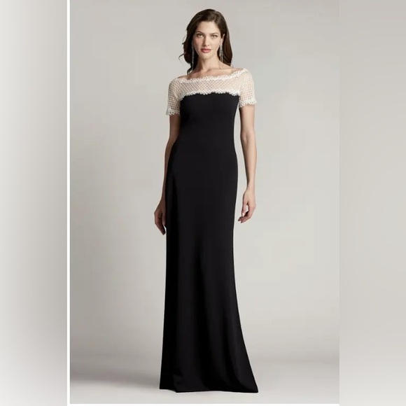 $388 Tadashi Shoji Lace Yoke Crepe Gown two-tone column black white maxi dress - Picture 7 of 11